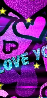 Vibrant mobile wallpaper with purple hearts, glitter text, and star accents.