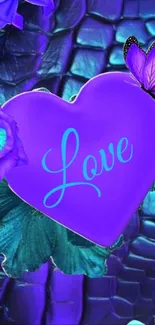 Purple heart with butterflies and flowers wallpaper.