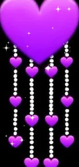 Purple heart mobile wallpaper with black background and elegant heart patterns.