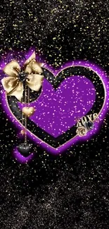 Purple heart and gold accents on black sparkling background mobile wallpaper.