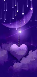 Purple night sky wallpaper with a heart and crescent moon.