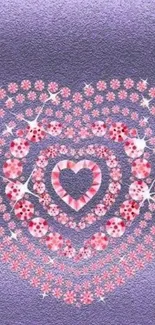 Purple textured wallpaper with floral heart patterns.