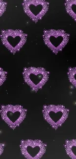 Purple heart pattern on black background mobile wallpaper.