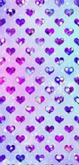 Vibrant purple hearts pattern on a colorful background wallpaper.