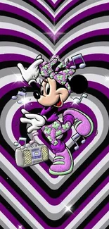 Cartoon character on purple heart pattern wallpaper.