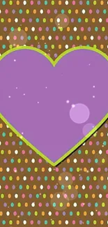 Vibrant wallpaper with a purple heart on a brown polka dot background.