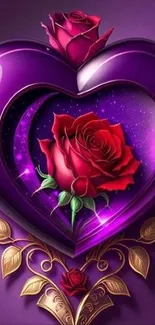 Purple heart with red roses and gold accents wallpaper.