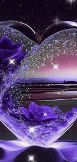 Purple heart with flowers under a starlit sky on mobile wallpaper.