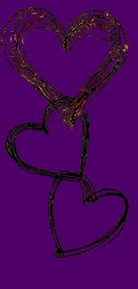 Purple wallpaper with three sketched hearts in artistic style.