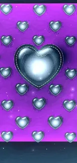 Purple wallpaper with silver heart patterns.