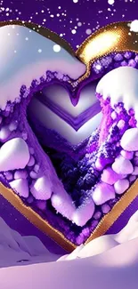 Purple heart with snow in a violet winter scene.