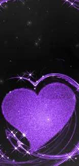 A glittery purple heart surrounded by sparkles and stars as a wallpaper design.