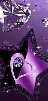 Purple and black star with hearts and crystals on a mobile wallpaper.