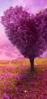 Heart-shaped tree in a purple field with pink sky.