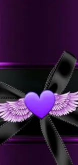 Purple heart with wings and black ribbon wallpaper for mobile.