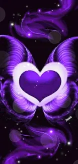 Purple heart with wings on a dark background.