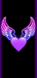 Purple heart with neon wings on black background wallpaper.