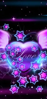 Purple heart with wings and pink stars on a dark background.