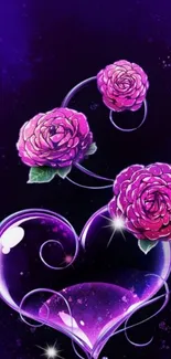 Purple heart wallpaper with pink roses.