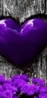 Purple heart on wood with flowers wallpaper.