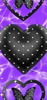 Black hearts and butterflies on a purple water-like background.