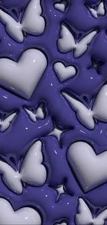 Glossy purple wallpaper with hearts and butterflies.