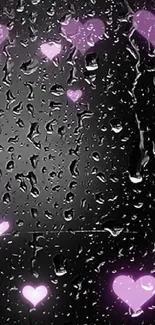 Purple hearts and raindrops on dark mobile wallpaper.