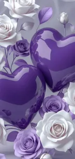 Wallpaper with purple hearts and white roses in artistic style.
