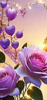 Purple roses and hearts with golden sunset glow.