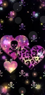 Purple hearts and skulls wallpaper with cosmic pattern design.