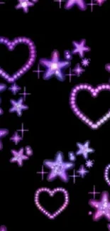 Mobile wallpaper with purple hearts and stars on a black background.