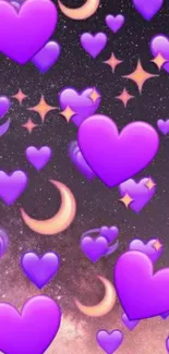 Mobile wallpaper with purple hearts and stars.