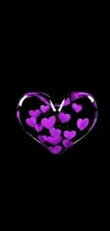 Mobile wallpaper with purple hearts and black background.