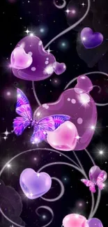 Purple hearts and butterflies wallpaper, glowing with elegance.