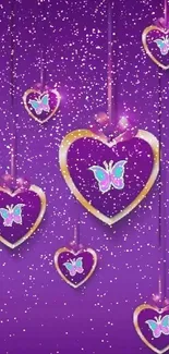 Purple mobile wallpaper with heart and butterfly design.