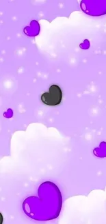 Purple hearts floating on a dreamy cloud background.