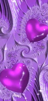 Purple fractal wallpaper with shining hearts.