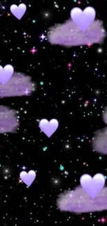 Mobile wallpaper with purple hearts on a starry galaxy background.