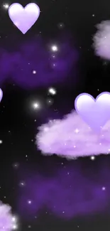 Purple heart clouds with starry night sky on a mobile wallpaper.