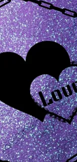Purple glitter wallpaper with black hearts and "love."