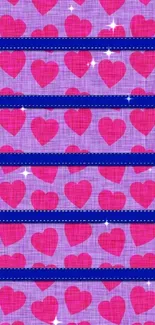 Purple wallpaper with pink hearts and blue stripes for mobile phone.