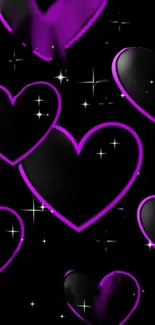 Purple outlined hearts on a black and starry background.