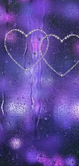 Purple wallpaper with two sparkling heart outlines on a rainy textured background.