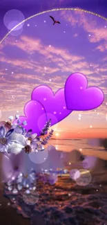 Purple hearts and sunset beach mobile wallpaper.