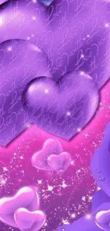 Purple hearts with cosmic sparkles on wallpaper.