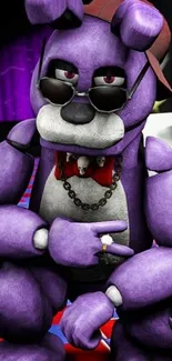 Purple hip hop bear cartoon wearing sunglasses on a colorful floor.