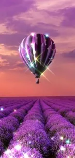 Purple hot air balloon over lavender fields at sunset.