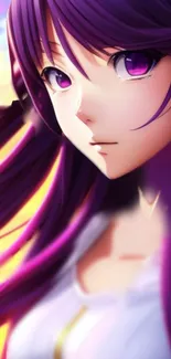 Anime artwork featuring a purple-haired girl with vibrant eyes.