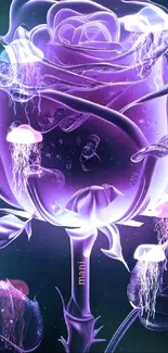 Magical purple rose with jellyfish art mobile wallpaper.