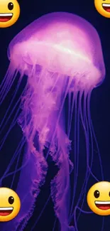 Purple jellyfish with smiley emojis on a dark background.